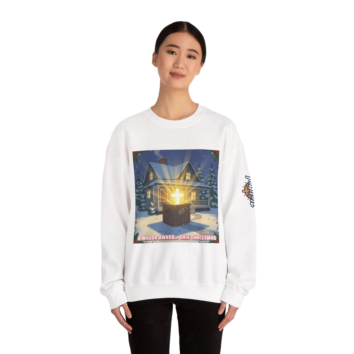 A Major Award This Christmas Sweatshirt – Fragile Leg Lamp Parody Cross Unboxing Christian Sweatshirt for Hilarious Faith & Holiday Glow Printify