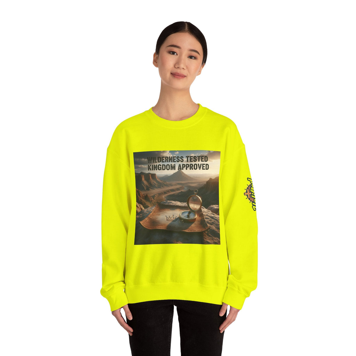 Wilderness Tested Kingdom Approved Sweatshirt – Mountain Desert Compass Crown Christian Sweatshirt for Biblical Adventure Faith Printify
