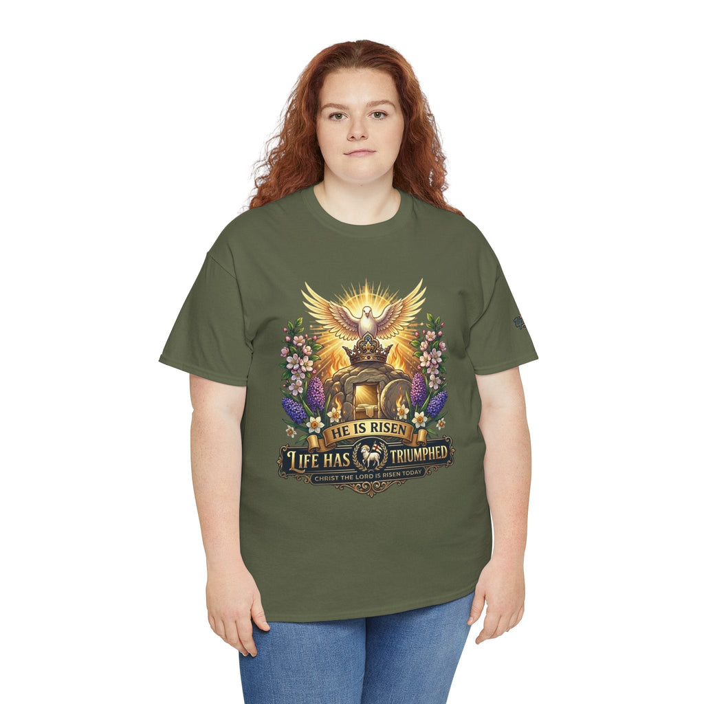 He Is Risen "Life Has Triumphed" T-Shirt — Easter Resurrection Christian Tee Printify