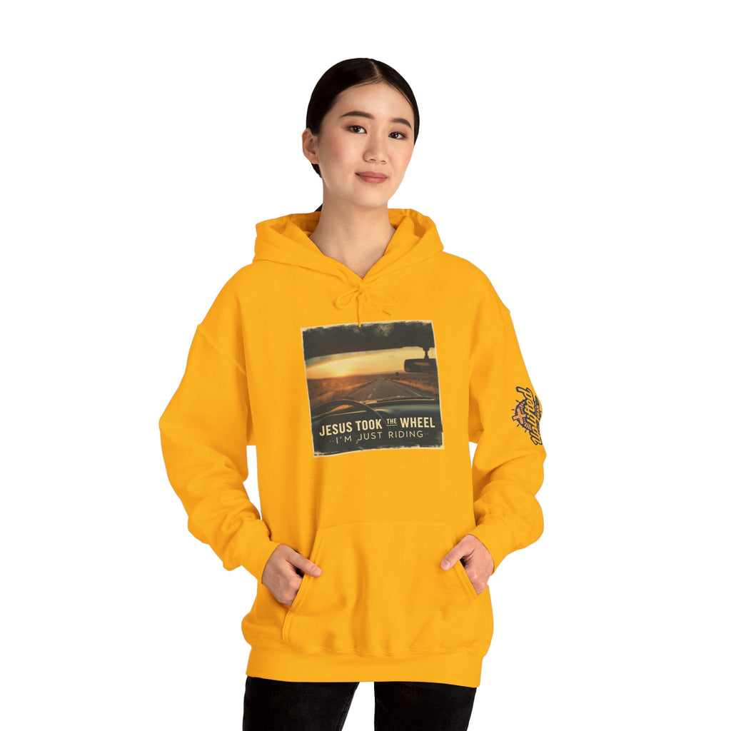 Jesus Took the Wheel I'm Just Riding Hoodie – Funny Christian Convertible Car Sweatshirt for Surrendered Faith & Humor Printify