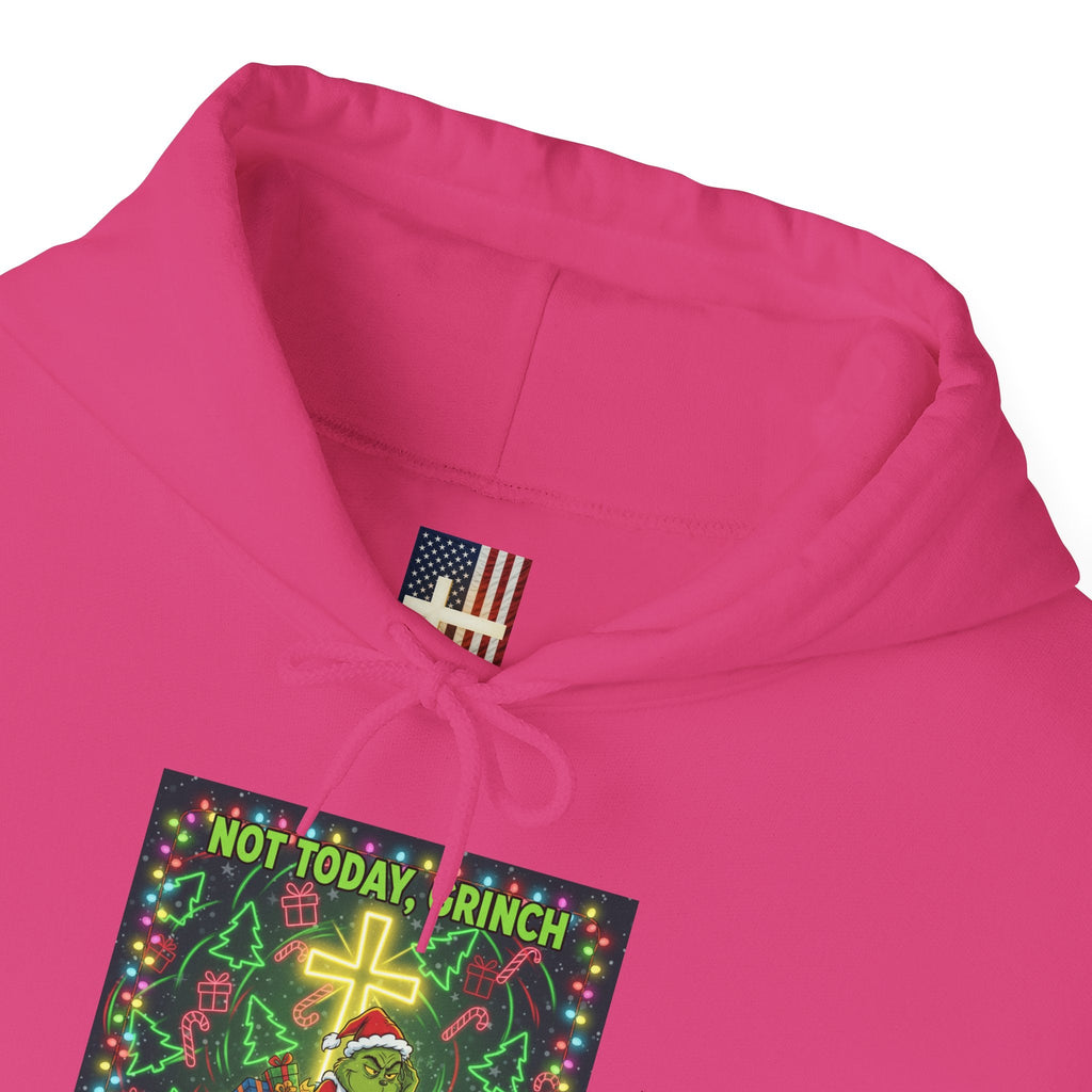 🎄 Not Today, Grinch – Jesus Saves | Funny Christian Christmas Hoodie | Festive Green & Red Cartoon Style | Bold Faith Holiday Tee by Uplifted Gear Printify