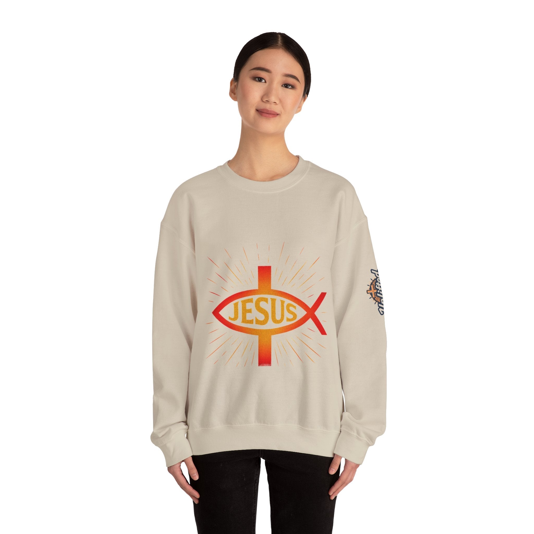 Jesus Ichthys Sweatshirt – Christian Fish Symbol with Cross & Jesus Inscription Sweatshirt for Eternal Faith & Streetwear Printify