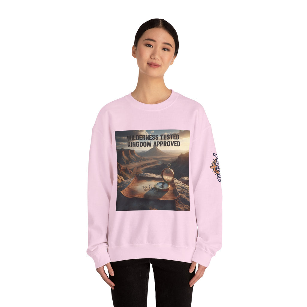 Wilderness Tested Kingdom Approved Sweatshirt – Mountain Desert Compass Crown Christian Sweatshirt for Biblical Adventure Faith Printify