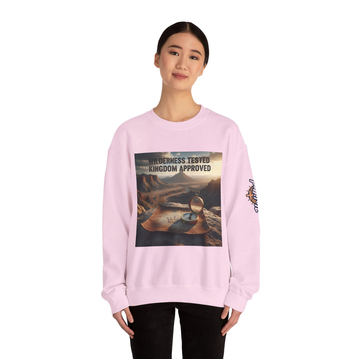 Wilderness Tested Kingdom Approved Sweatshirt – Mountain Desert Compass Crown Christian Sweatshirt for Biblical Adventure Faith Printify