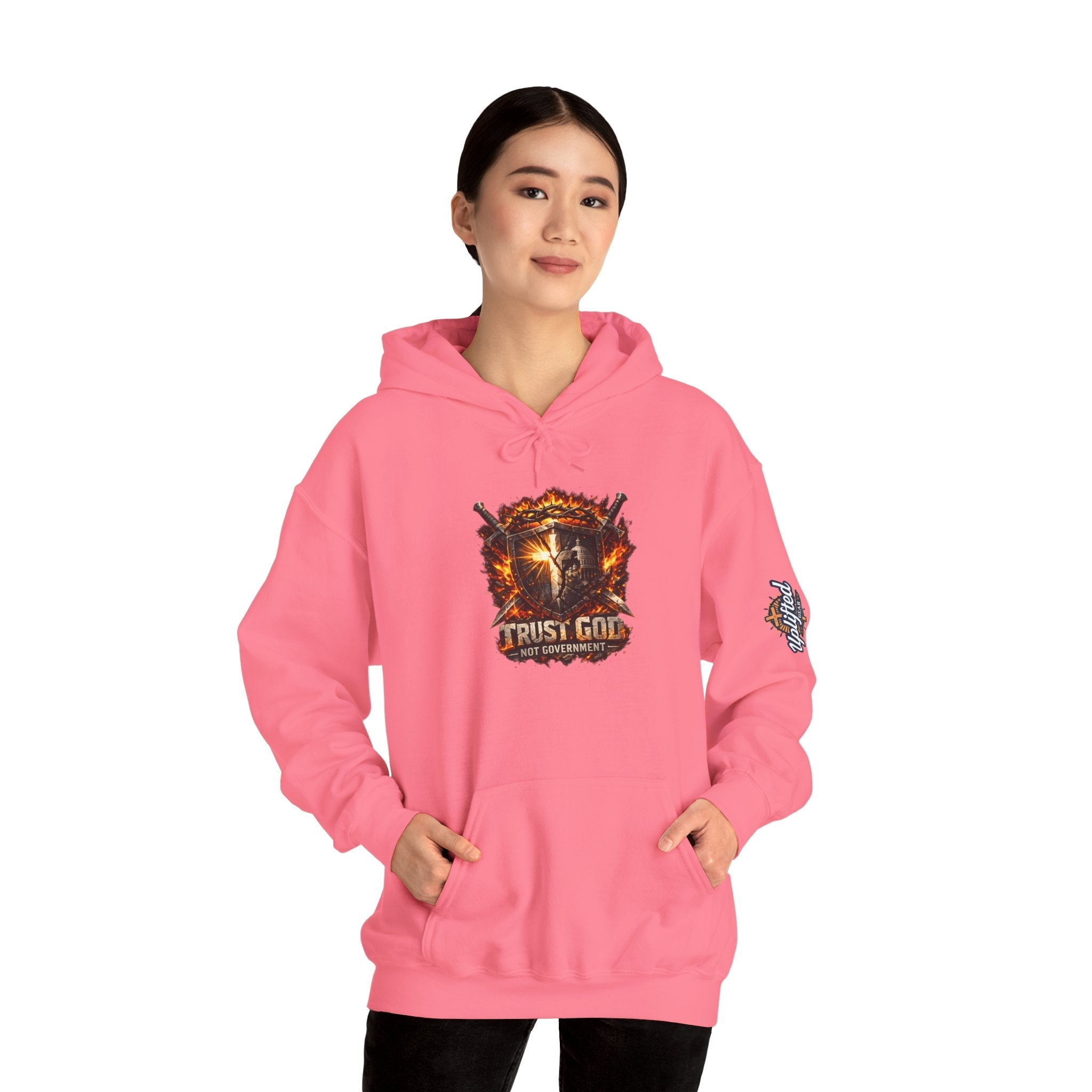 Trust God Not Government Shield Hoodie — Patriotic Christian Faith Hoodie Printify