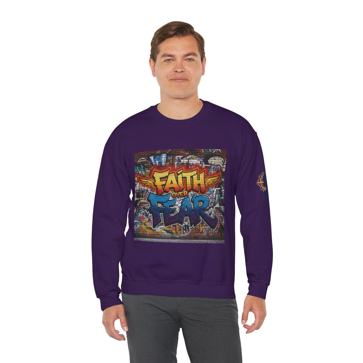 Faith Over Fear Sweatshirt – Graffiti Wall Christian Sweatshirt for Bold 2 Corinthians 5:7 Streetwear & Unshakable Faith Printify