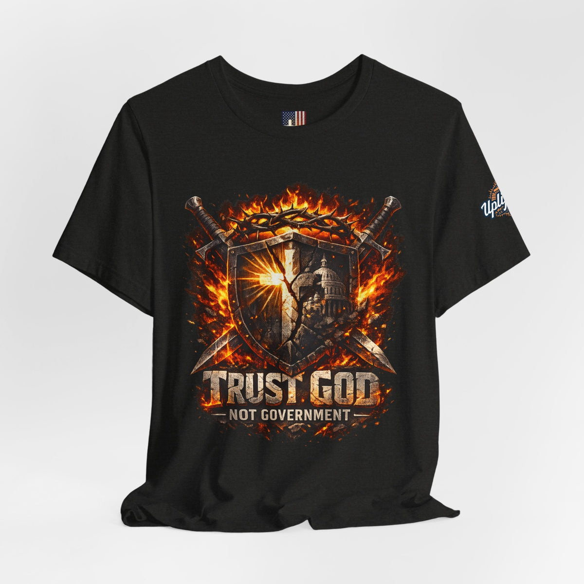 Trust God Not Government Shield Tee — Patriotic Christian Faith T-Shirt Printify