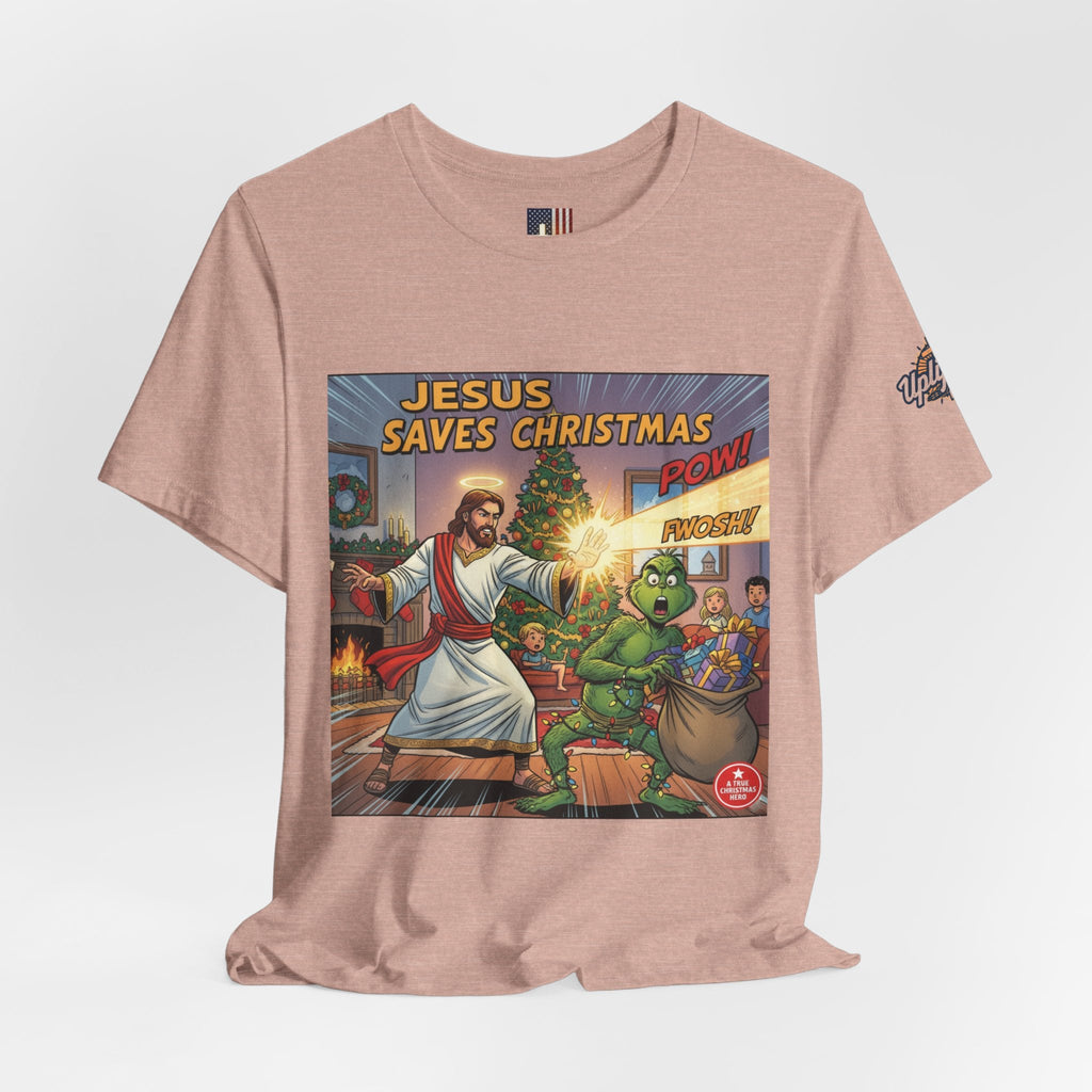 Jesus Saves Christmas T-shirt – Grinch vs Savior Light Battle Christian T-shirt for Hilarious Holiday Faith & True Joy Printify