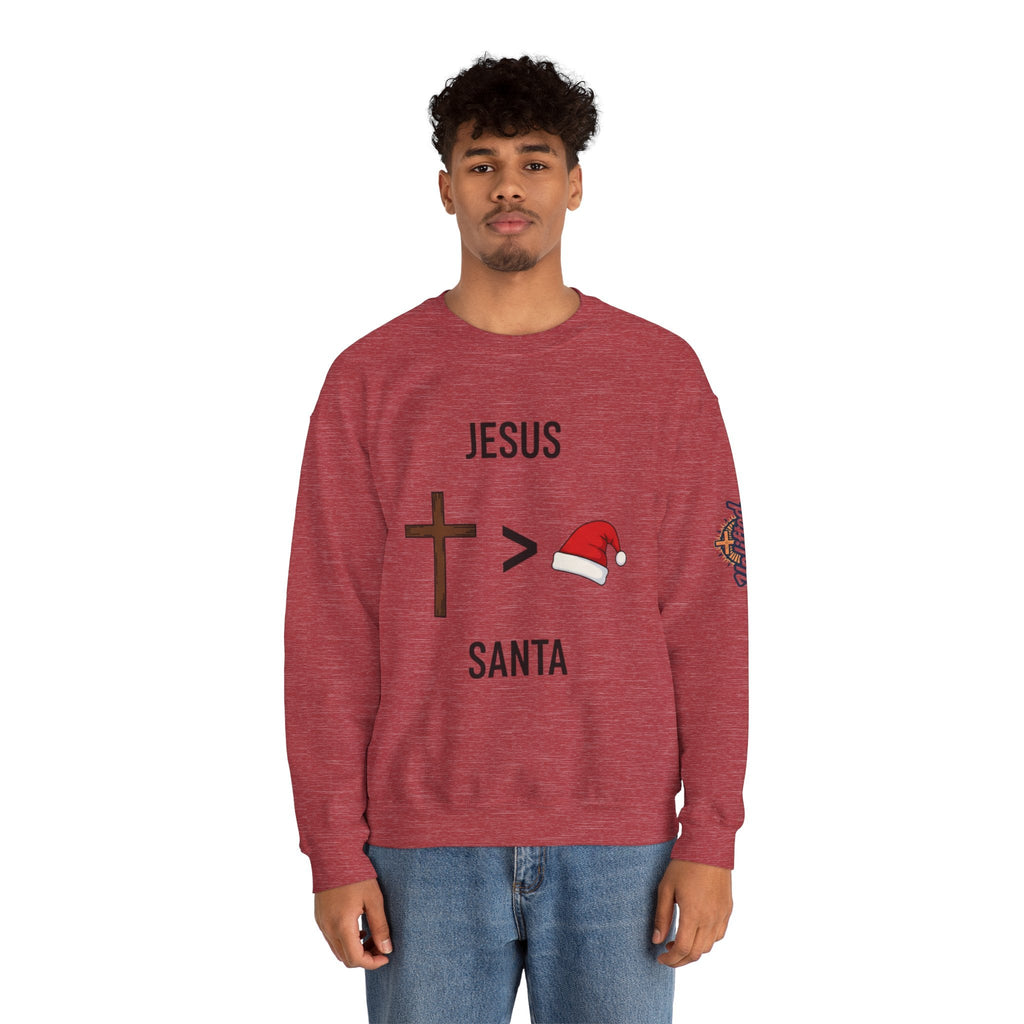 🎄 Jesus > Santa – Minimalist Christian Christmas Sweatshirt | Bold Faith Over Holiday Tee | Cross vs Santa Hat Design | Uplifted Gear Printify