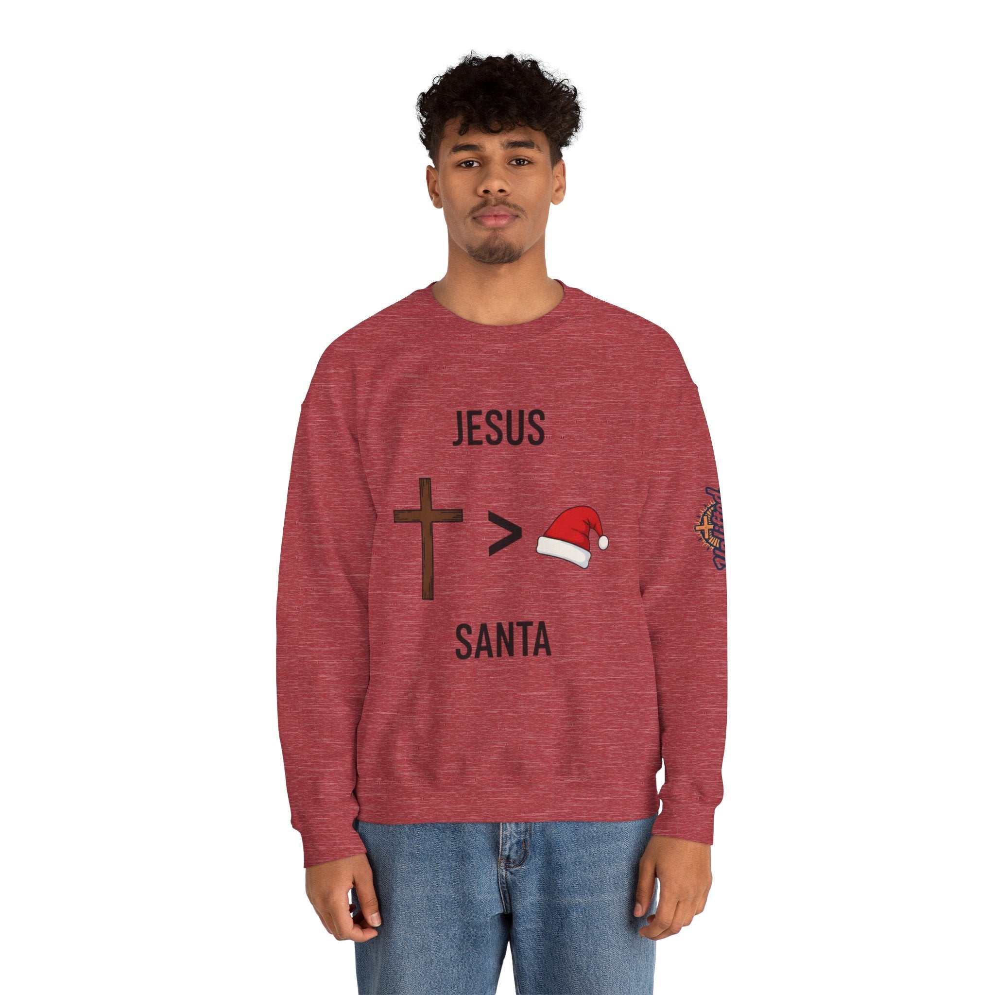 🎄 Jesus > Santa – Minimalist Christian Christmas Sweatshirt | Bold Faith Over Holiday Tee | Cross vs Santa Hat Design | Uplifted Gear Printify