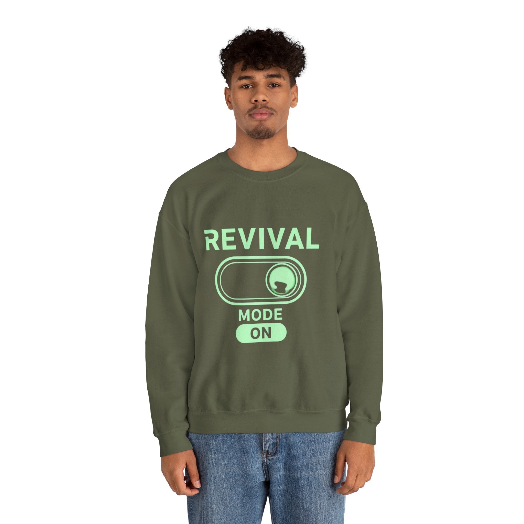 🔥 Revival Mode: ON – Christian Techwear Sweatshirt | Glowing Green Faith Switch | Futuristic Jesus Shirt | Activate Your Spiritual Awakening | Uplifted Gear Printify
