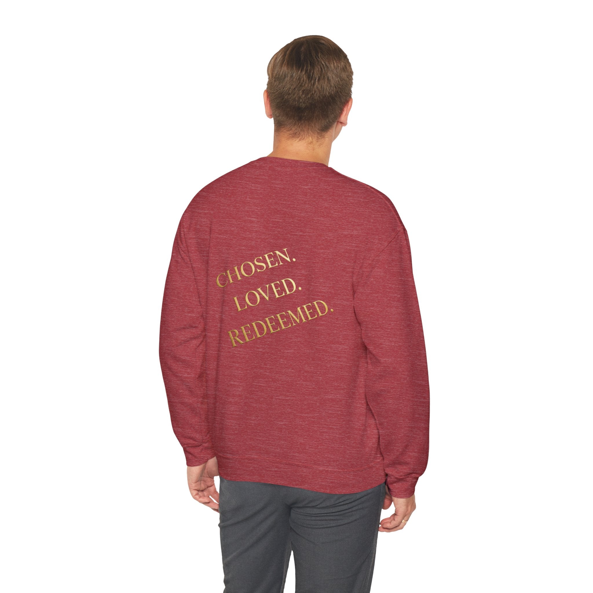 ✨ Chosen. Loved. Redeemed. – Elegant Christian Sweatshirt | Gold Foil Faith Tee | Subtle Cross & Heart Design | Inspirational Bible Verse Apparel by Uplifted Gear Printify