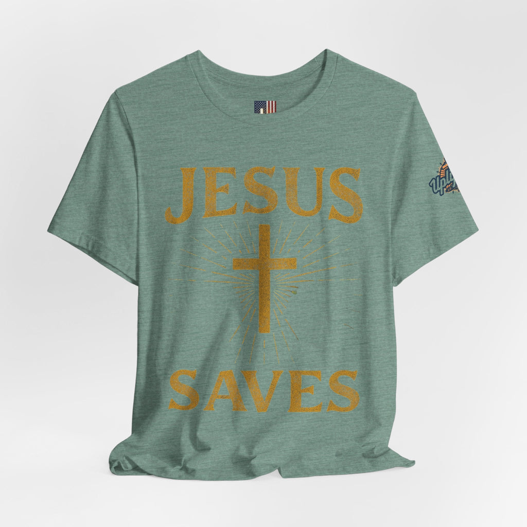 Jesus Saves T-shirt – Radiant Cross & Rays of Light Christian T-shirt for Eternal Hope & Faith Printify