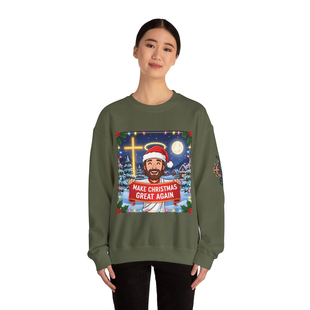 🎄 Make Christmas Great Again – Funny Christian Sweatshirt | Jesus Holding Banner | Faith-Based Holiday Parody Tee | Uplifted Gear Printify