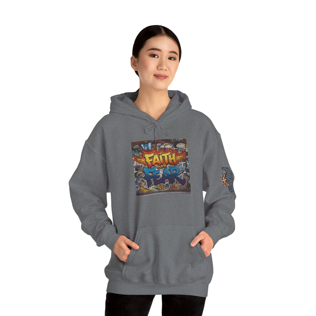Faith Over Fear Hoodie – Graffiti Wall Christian Sweatshirt for Bold 2 Corinthians 5:7 Streetwear & Unshakable Faith Printify