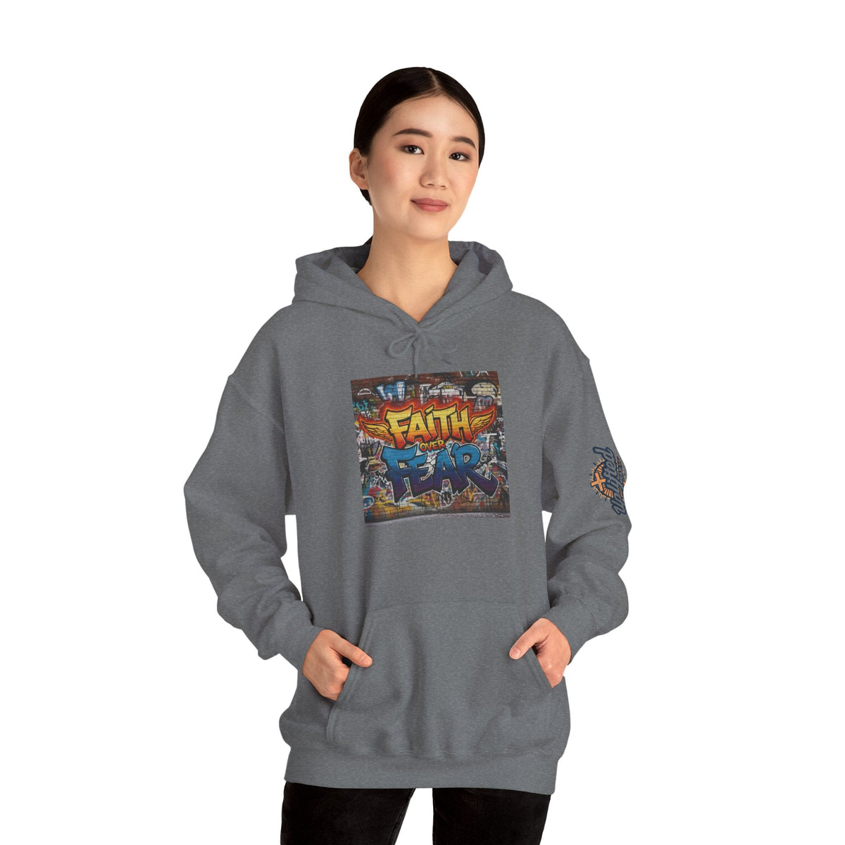 Faith Over Fear Hoodie – Graffiti Wall Christian Sweatshirt for Bold 2 Corinthians 5:7 Streetwear & Unshakable Faith Printify