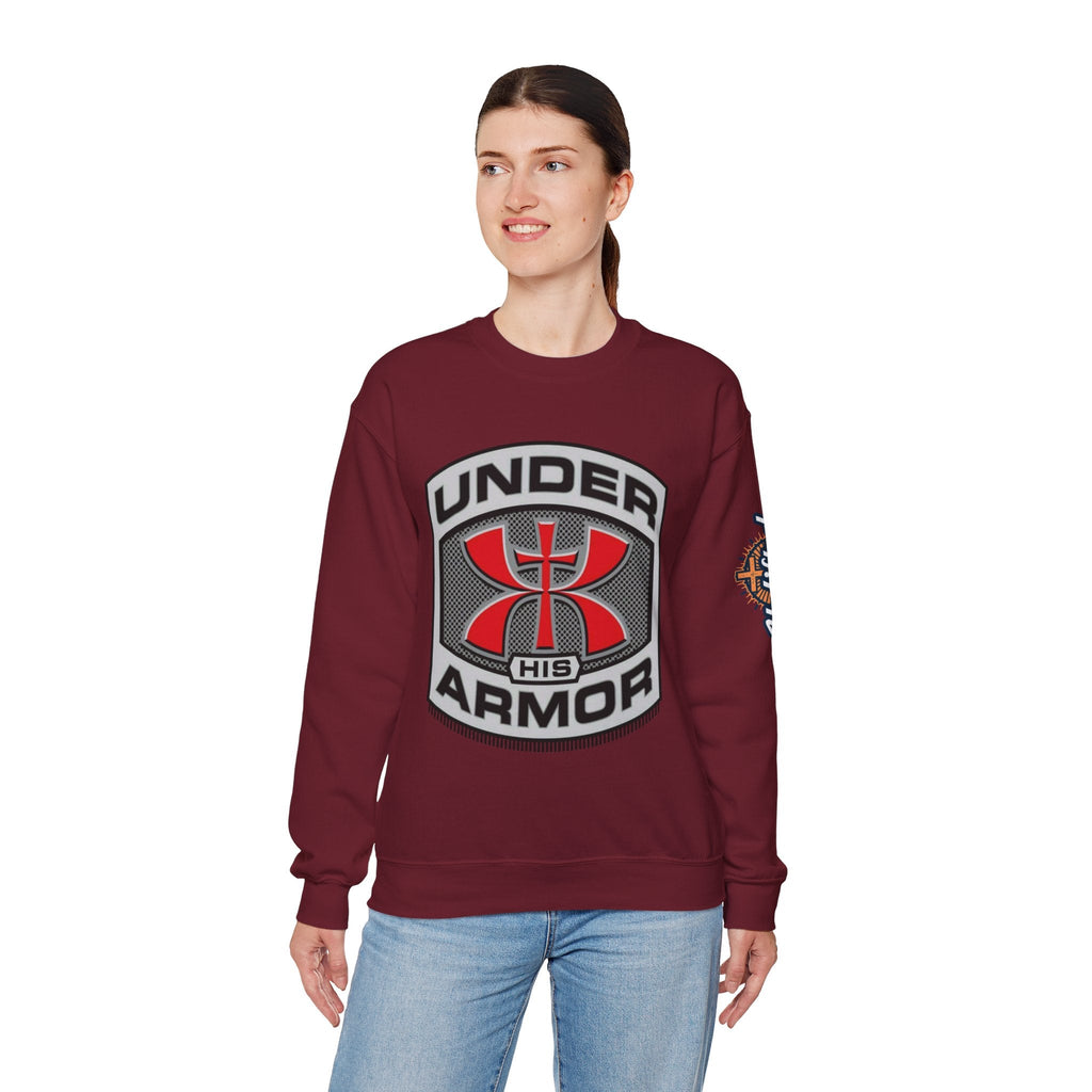 Under His Armor Crewneck Sweatshirt — Christian Faith Graphic Pullover Printify
