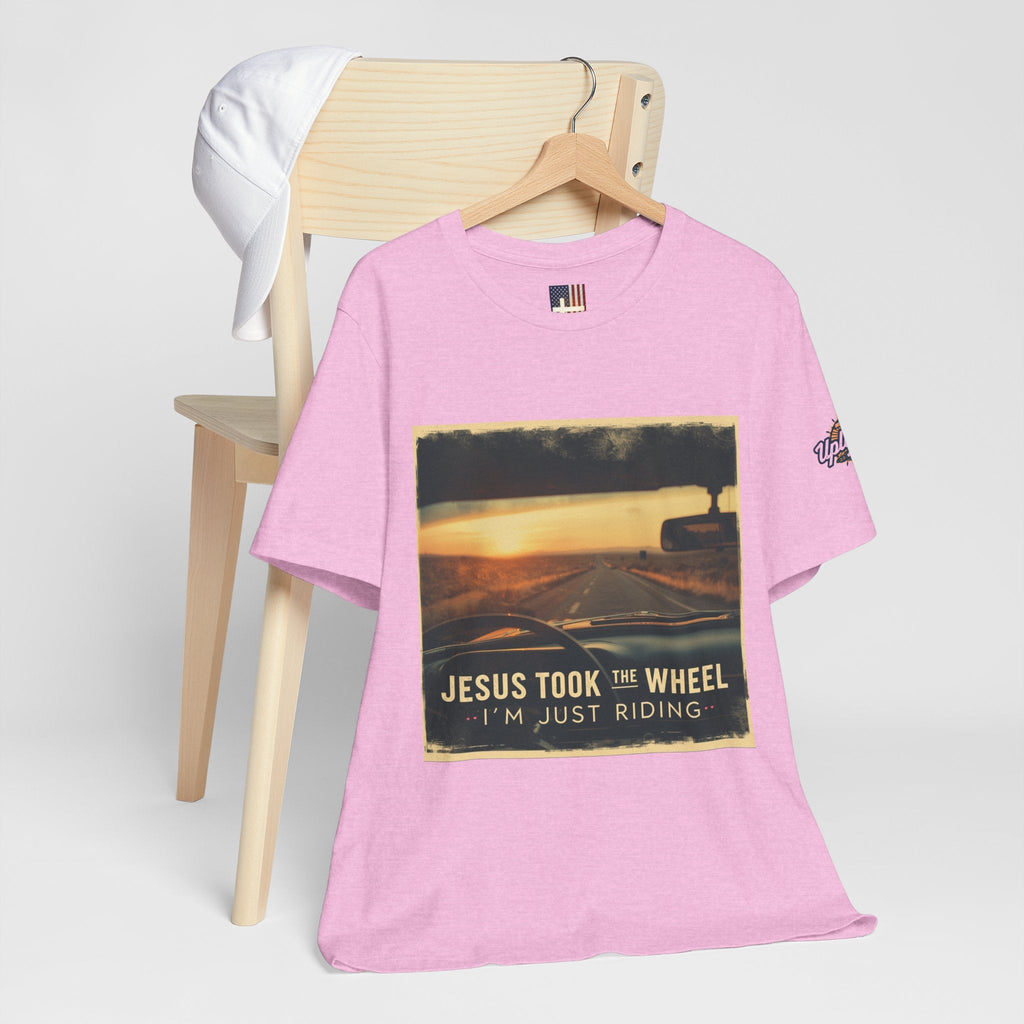Jesus Took the Wheel I'm Just Riding T-shirt – Funny Christian Convertible Car T-shirt for Surrendered Faith & Humor Printify