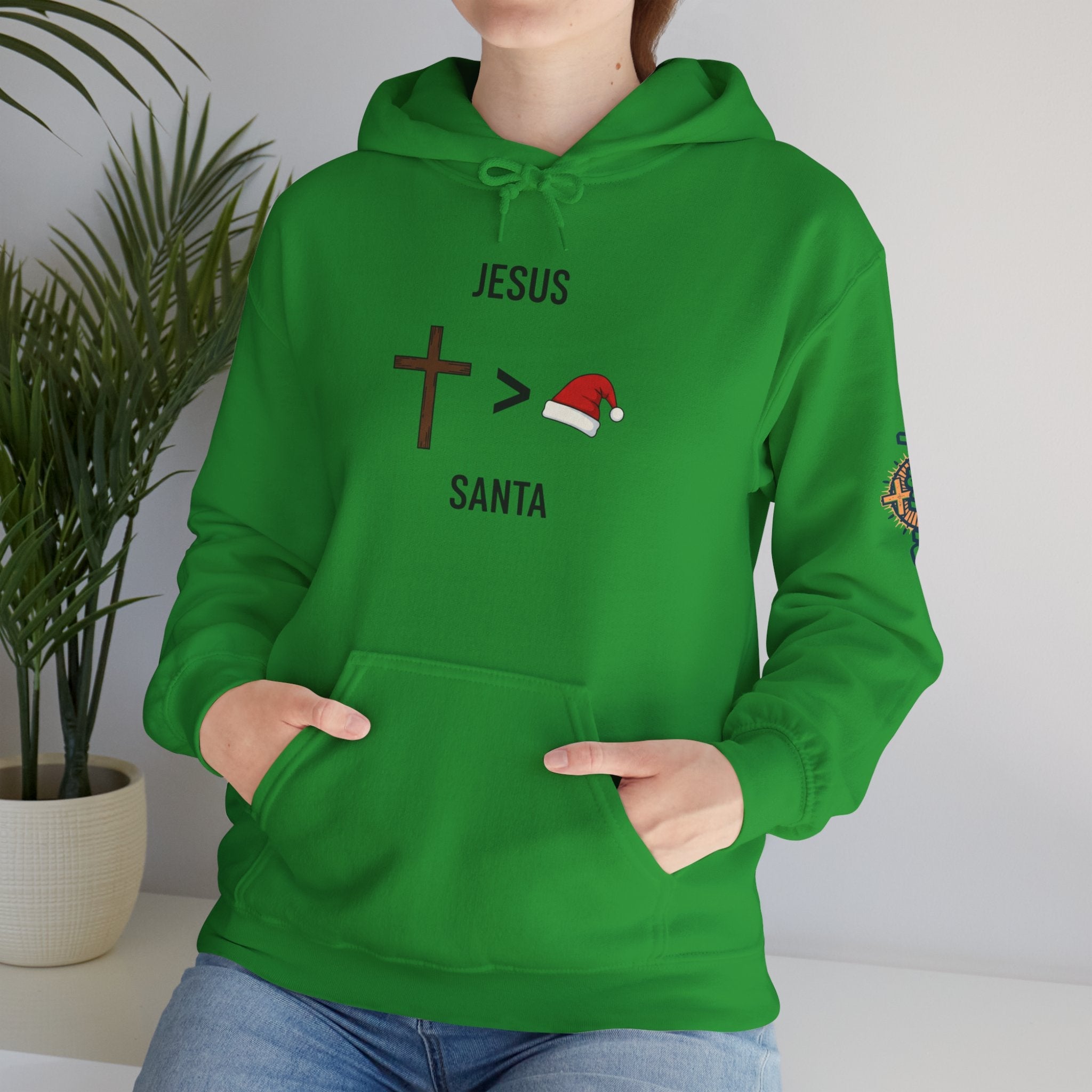 🎄 Jesus > Santa – Minimalist Christian Christmas Hoodie | Bold Faith Over Holiday Tee | Cross vs Santa Hat Design | Uplifted Gear Printify