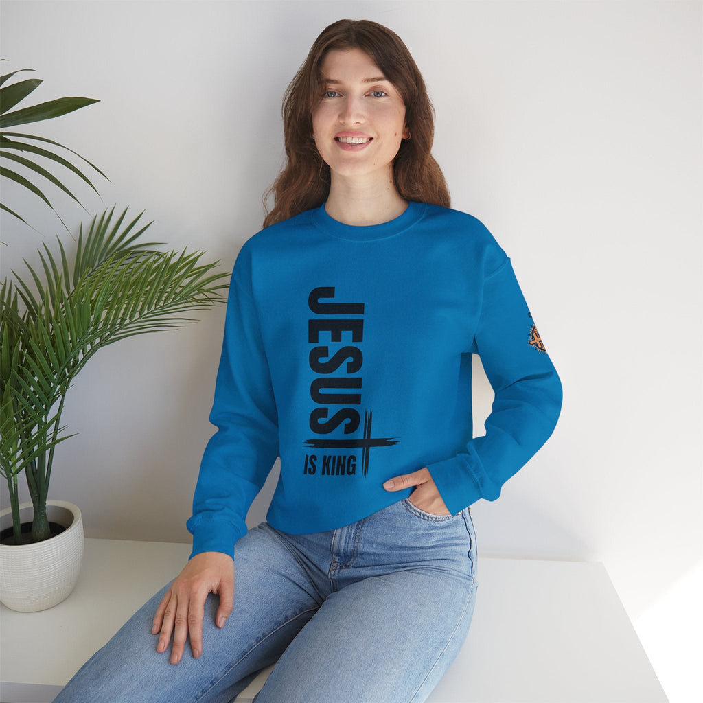 Jesus Is King Sweatshirt | Modern Typographic Cross Christian Sweatshirt Printify