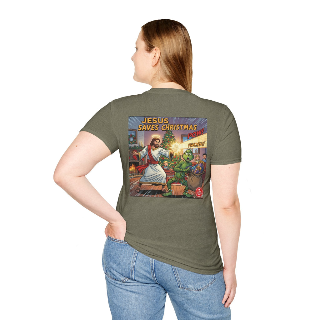 Jesus Saves Christmas T-shirt – Grinch vs Savior Light Battle Christian T-shirt for Hilarious Holiday Faith & True Joy Printify