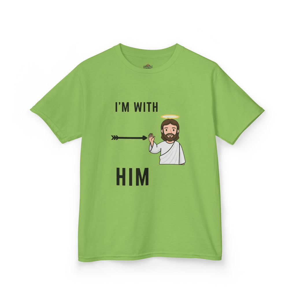 🔥 I’m With Him → Christian Kids T-Shirt | Arrow Pointing to Jesus | Minimalist Faith Tee | Subtle Cross Design | Bible-Inspired Apparel by Uplifted Gear Printify