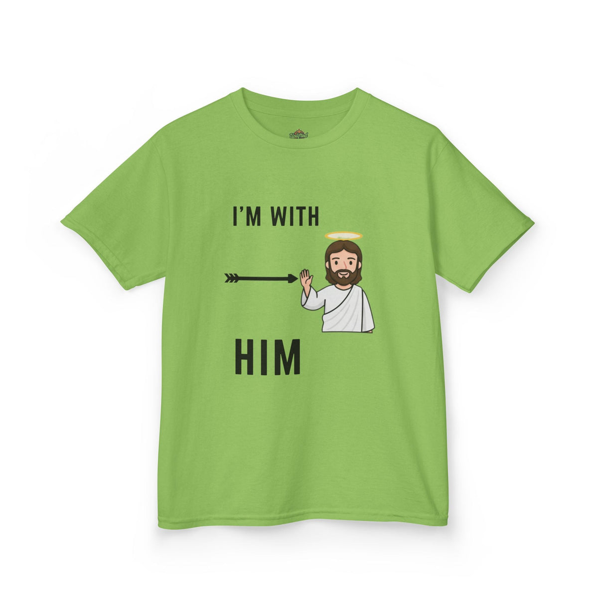 🔥 I’m With Him → Christian Kids T-Shirt | Arrow Pointing to Jesus | Minimalist Faith Tee | Subtle Cross Design | Bible-Inspired Apparel by Uplifted Gear Printify