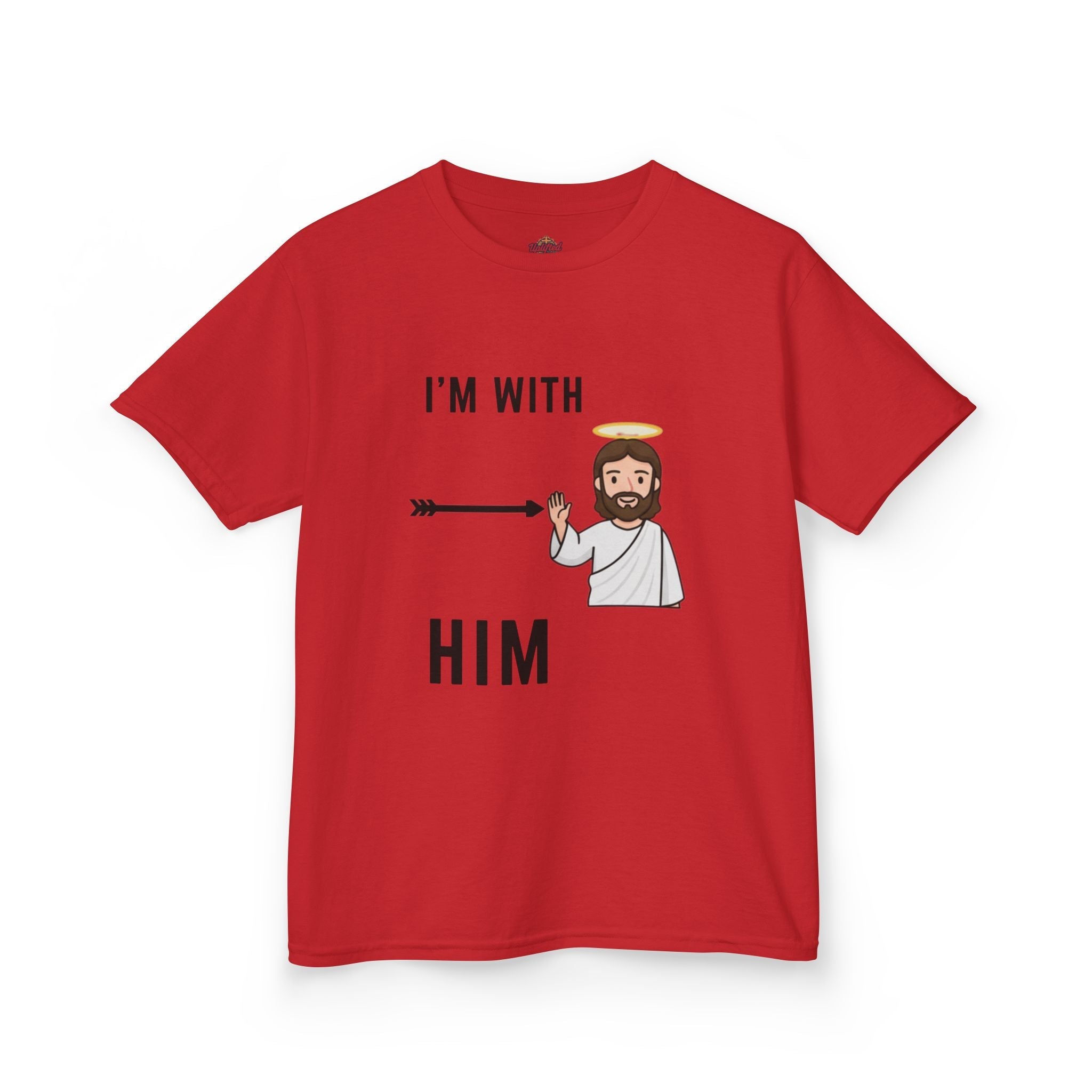 🔥 I’m With Him → Christian Kids T-Shirt | Arrow Pointing to Jesus | Minimalist Faith Tee | Subtle Cross Design | Bible-Inspired Apparel by Uplifted Gear Printify