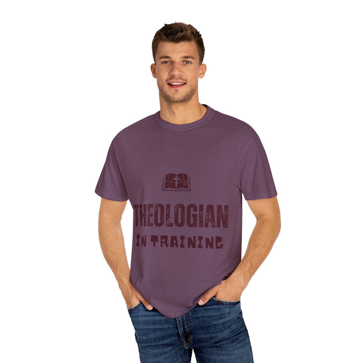 Theologian in Training T-Shirt – Open Bible & Cross Christian Tee for Faithful Learners Printify