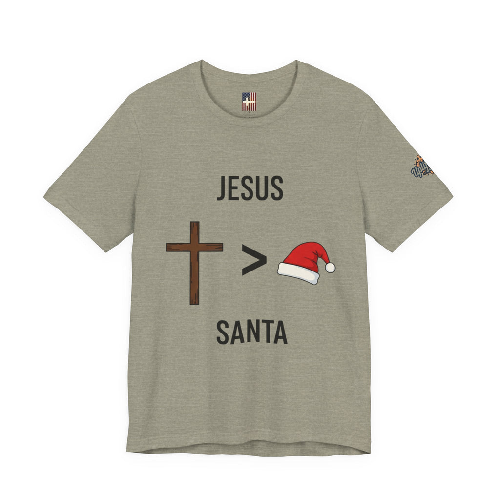 🎄 Jesus > Santa – Minimalist Christian Christmas T-Shirt | Bold Faith Over Holiday Tee | Cross vs Santa Hat Design | Uplifted Gear Printify