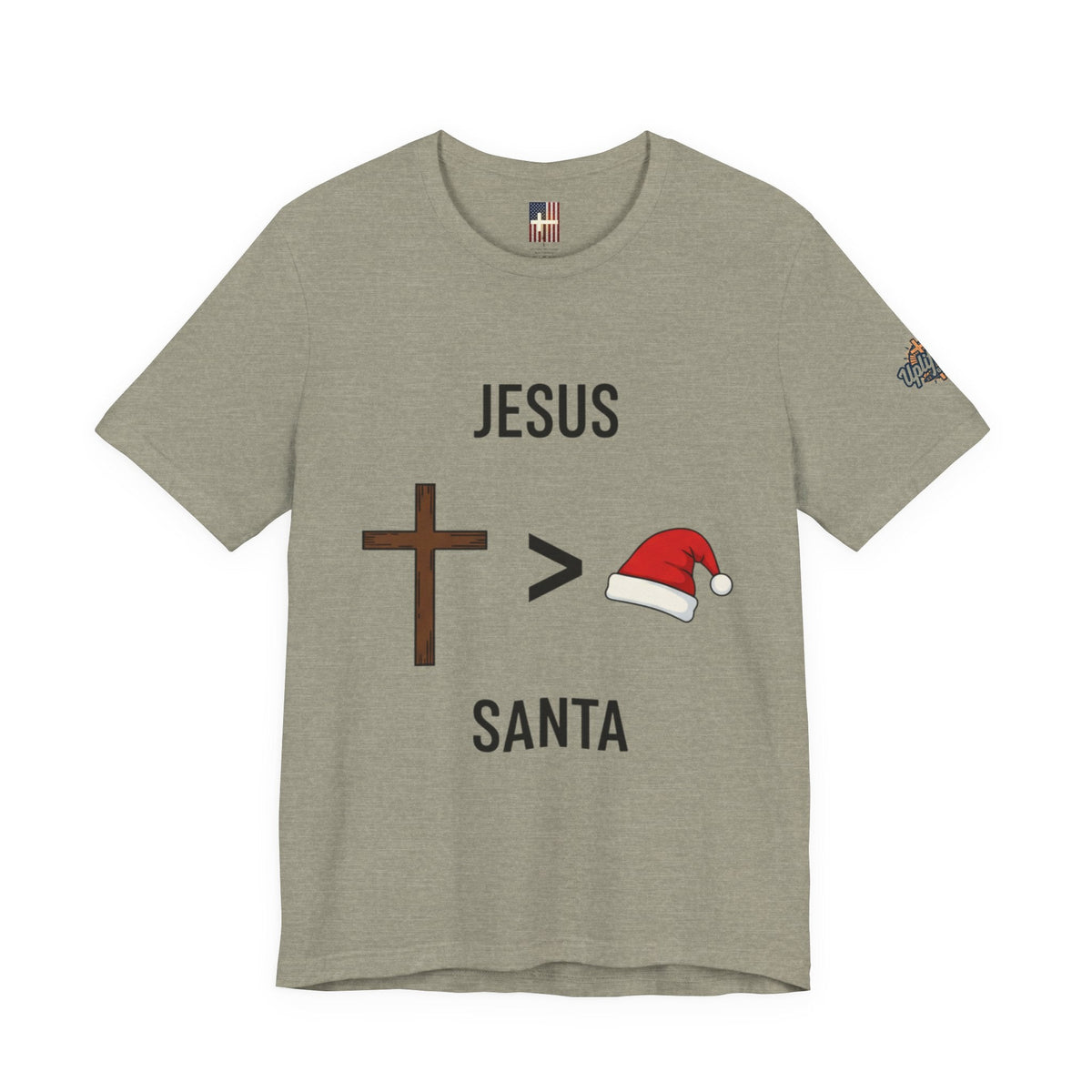 🎄 Jesus > Santa – Minimalist Christian Christmas T-Shirt | Bold Faith Over Holiday Tee | Cross vs Santa Hat Design | Uplifted Gear Printify