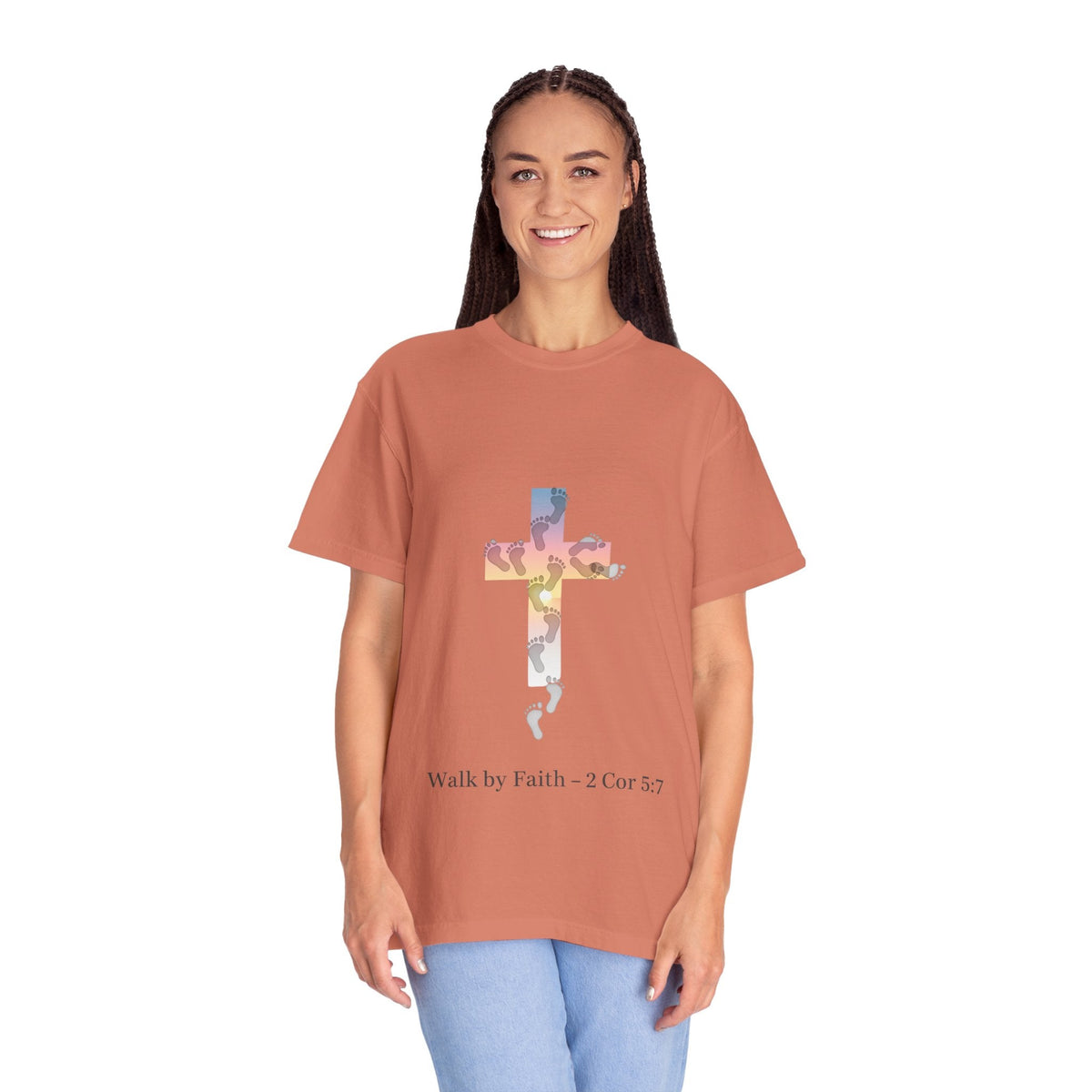 Walk by Faith T-Shirt – Cross & Footprints Christian Tee for Bold Believers Printify