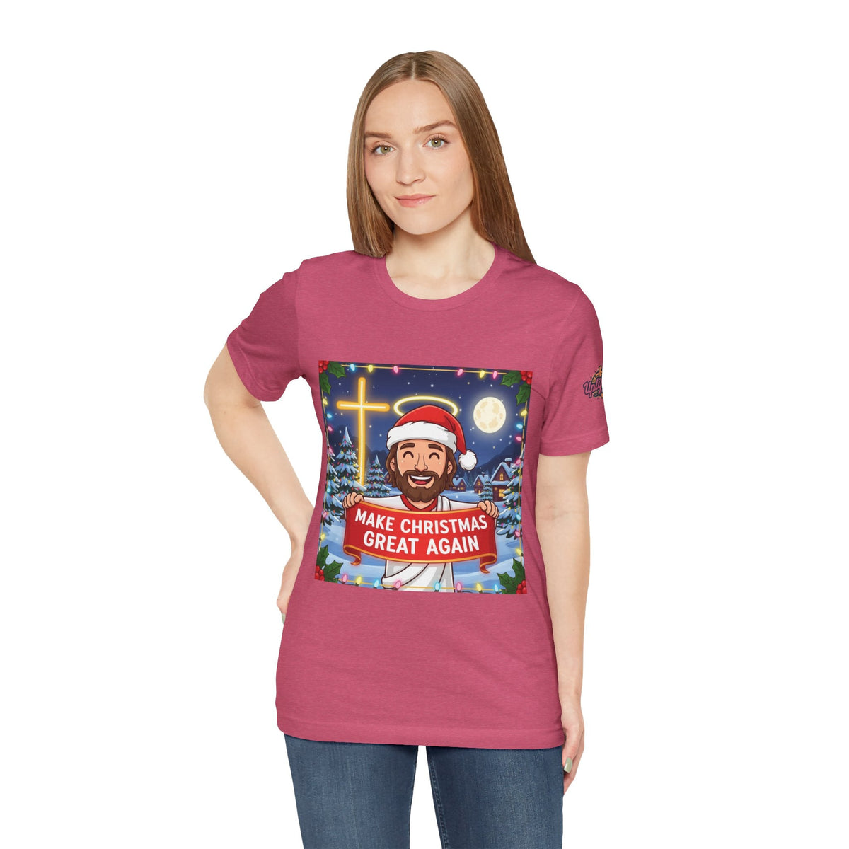 🎄 Make Christmas Great Again – Funny Christian T-Shirt | Jesus Holding Banner | Faith-Based Holiday Parody Tee | Uplifted Gear Printify