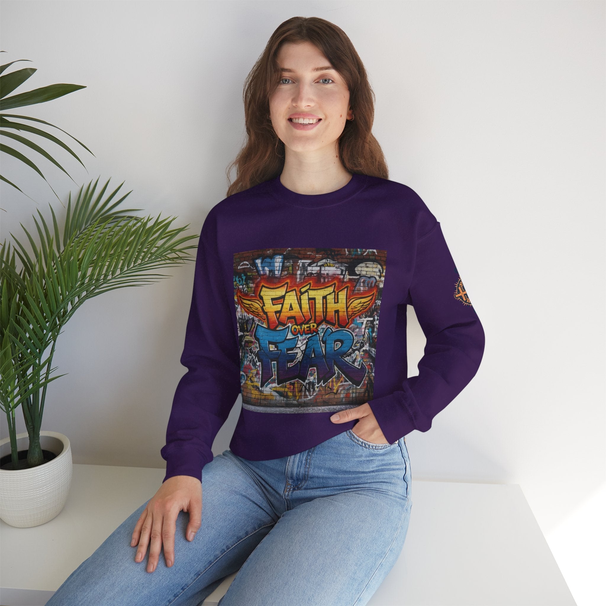 Faith Over Fear Sweatshirt – Graffiti Wall Christian Sweatshirt for Bold 2 Corinthians 5:7 Streetwear & Unshakable Faith Printify