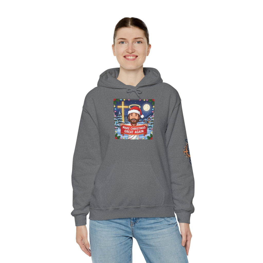 🎄 Make Christmas Great Again – Funny Christian Hoodie | Jesus Holding Banner | Faith-Based Holiday Parody Tee | Uplifted Gear Printify