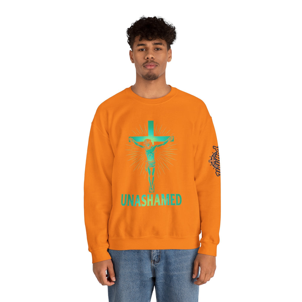 Unashamed Sweatshirt – Romans 1:16 Crucifixion Christian Sweatshirt for Bold Unwavering Faith Printify