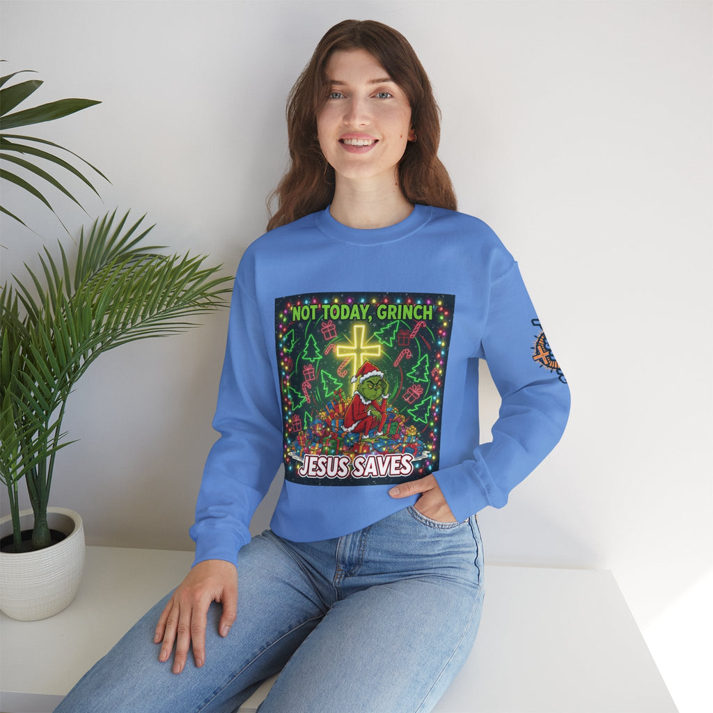 🎄 Not Today, Grinch – Jesus Saves | Funny Christian Christmas Sweatshirt | Festive Green & Red Cartoon Style | Bold Faith Holiday Tee by Uplifted Gear Printify