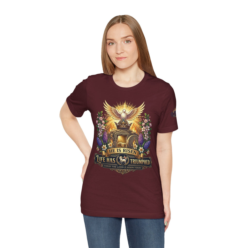 He Is Risen "Life Has Triumphed" T-Shirt — Easter Resurrection Christian Tee Printify