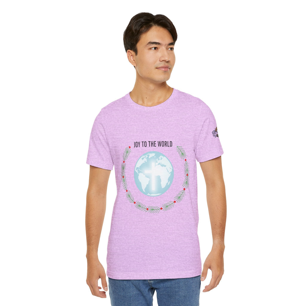 Joy to the World T-shirt – Wreath Earth Nativity Christian Christmas T-shirt for Isaiah 9:6 Holiday Faith & Festive Joy Printify