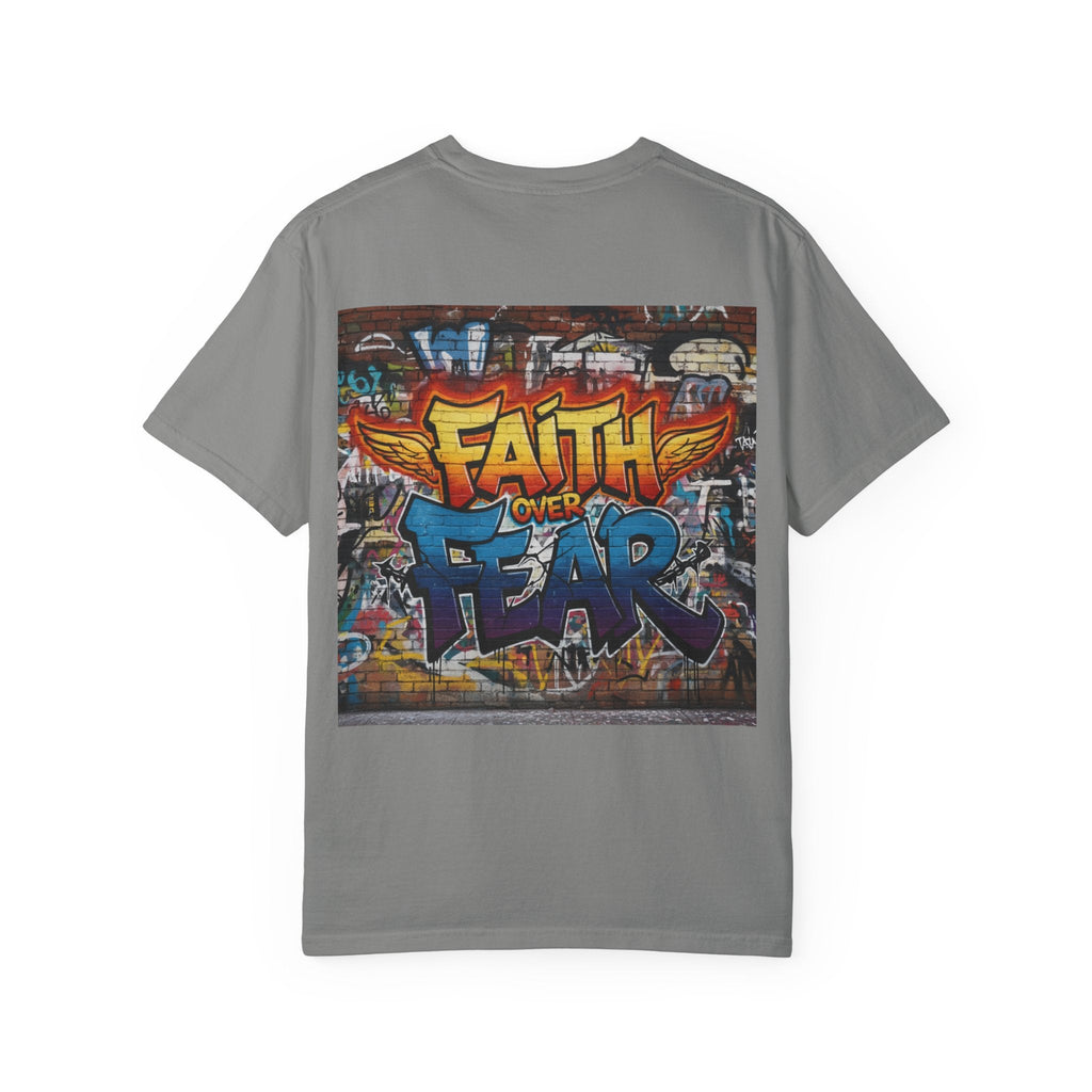 Faith Over Fear T-shirt – Graffiti Wall Christian T-shirt for Bold 2 Corinthians 5:7 Streetwear & Unshakable Faith Printify