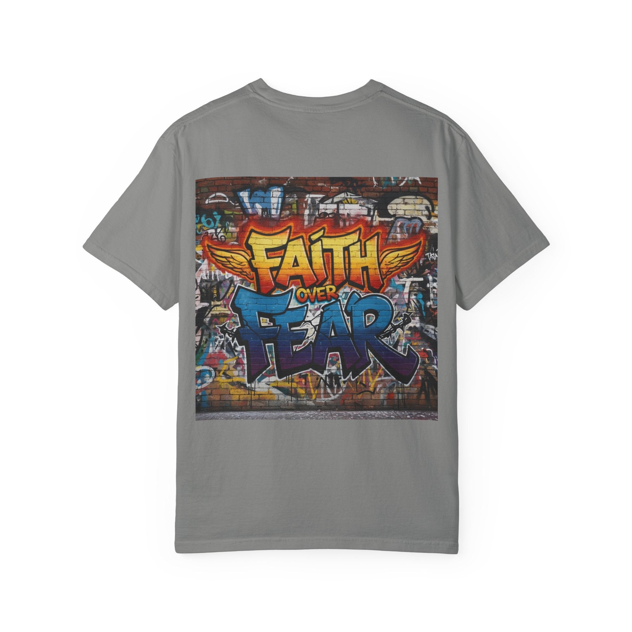 Faith Over Fear T-shirt – Graffiti Wall Christian T-shirt for Bold 2 Corinthians 5:7 Streetwear & Unshakable Faith Printify