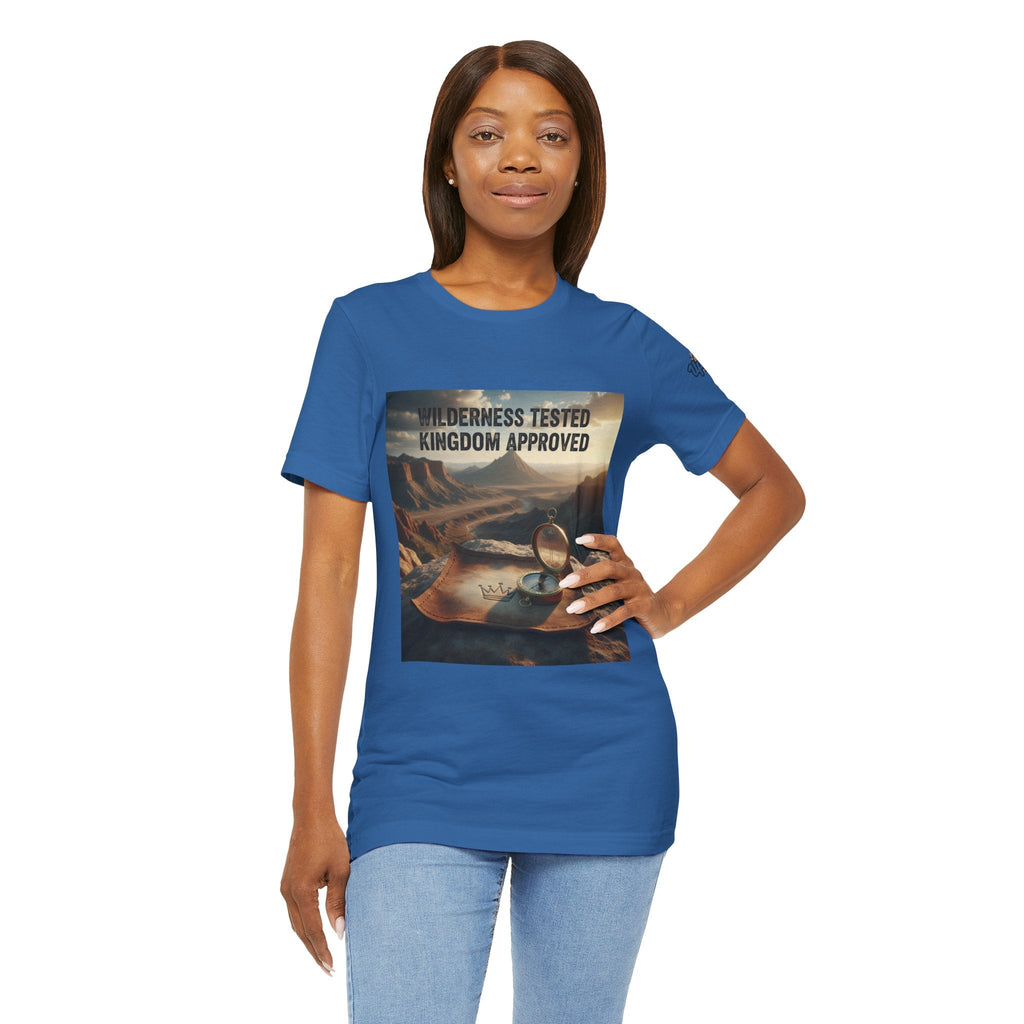 Wilderness Tested Kingdom Approved T-shirt – Mountain Desert Compass Crown Christian T-shirt for Biblical Adventure Faith Printify