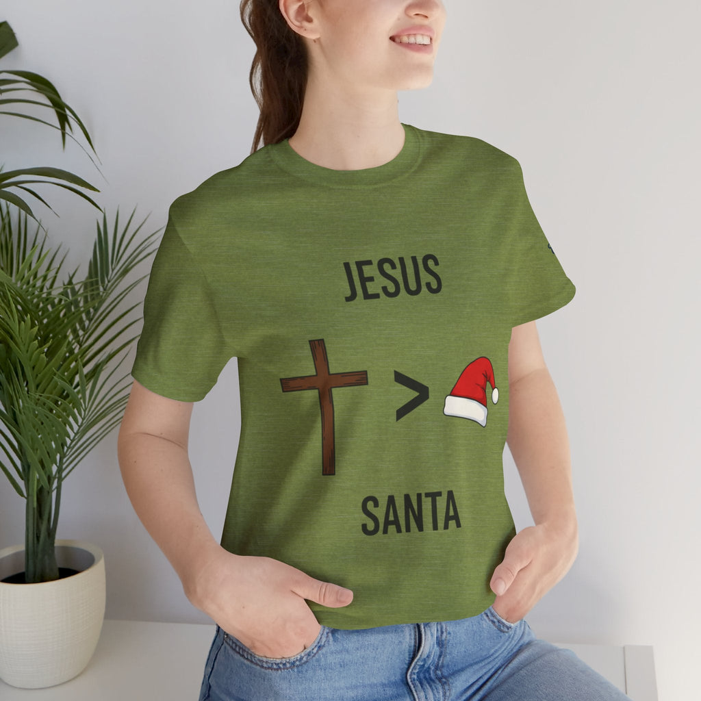 🎄 Jesus > Santa – Minimalist Christian Christmas T-Shirt | Bold Faith Over Holiday Tee | Cross vs Santa Hat Design | Uplifted Gear Printify