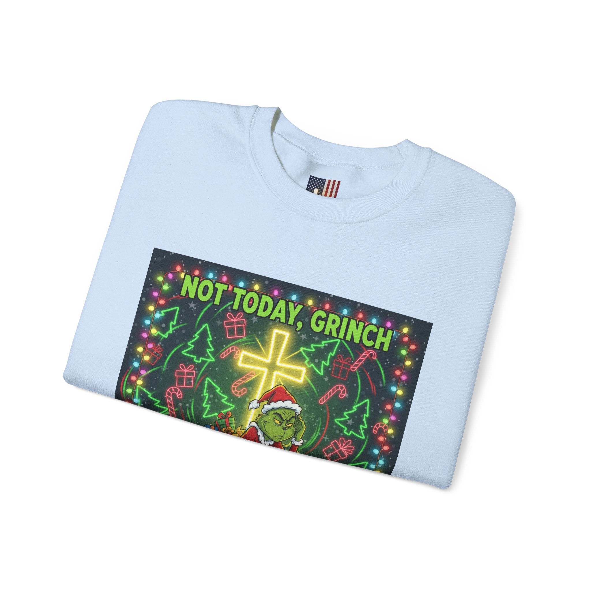 🎄 Not Today, Grinch – Jesus Saves | Funny Christian Christmas Sweatshirt | Festive Green & Red Cartoon Style | Bold Faith Holiday Tee by Uplifted Gear Printify