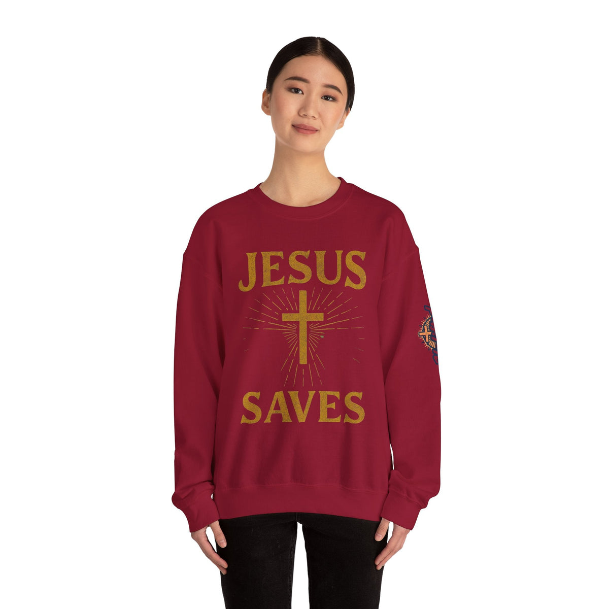 Jesus Saves Sweatshirt – Radiant Cross & Rays of Light Christian Sweatshirt for Eternal Hope & Faith Printify
