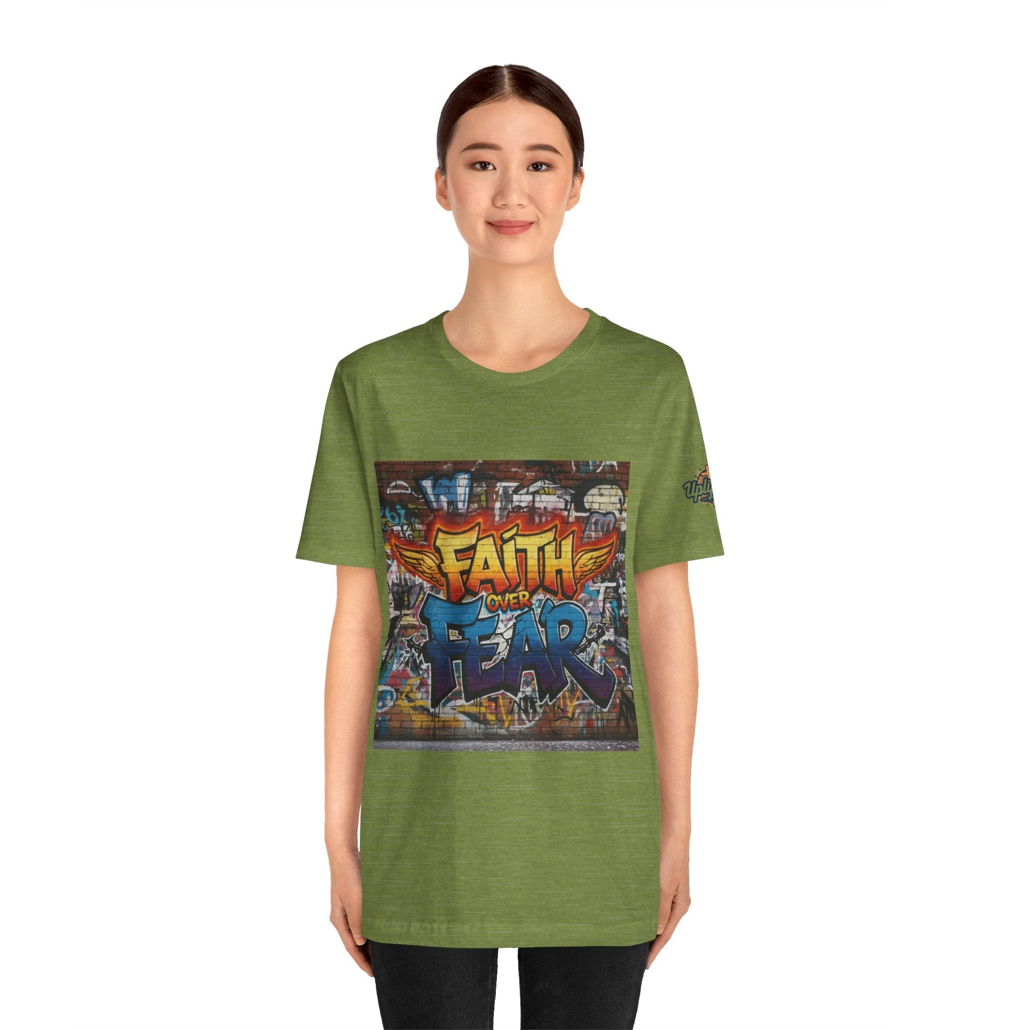 Faith Over Fear T-shirt – Graffiti Wall Christian T-shirt for Bold 2 Corinthians 5:7 Streetwear & Unshakable Faith Printify