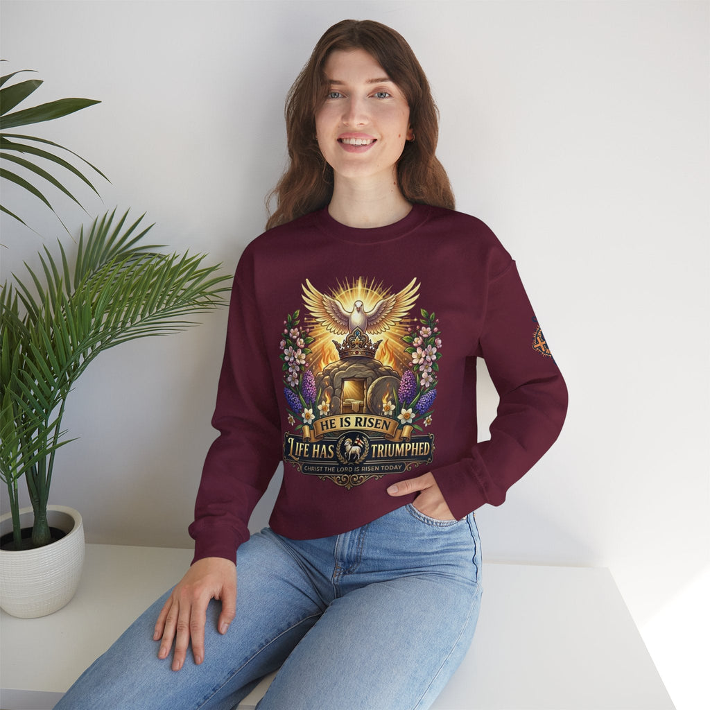 He Is Risen "Life Has Triumphed" Sweatshirt — Easter Resurrection Christian Sweatshirt Printify