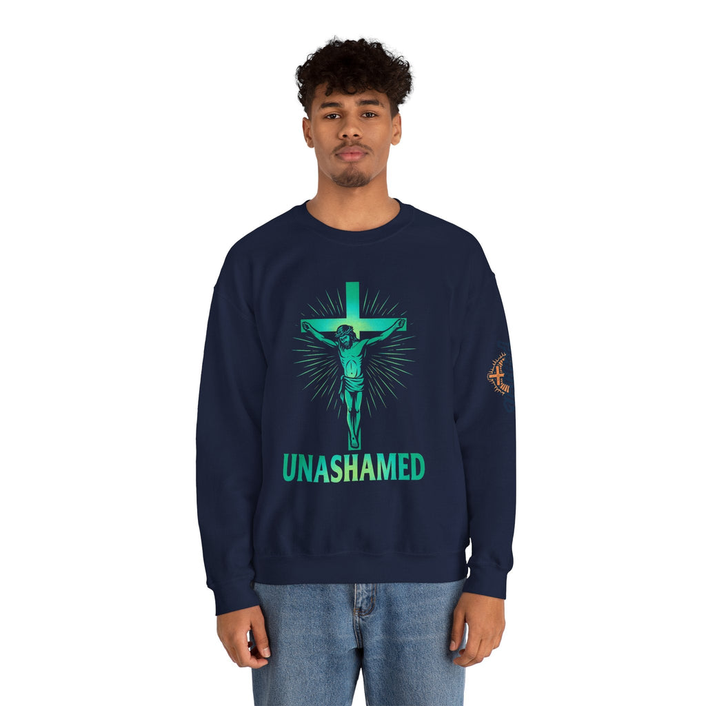 Unashamed Sweatshirt – Romans 1:16 Crucifixion Christian Sweatshirt for Bold Unwavering Faith Printify