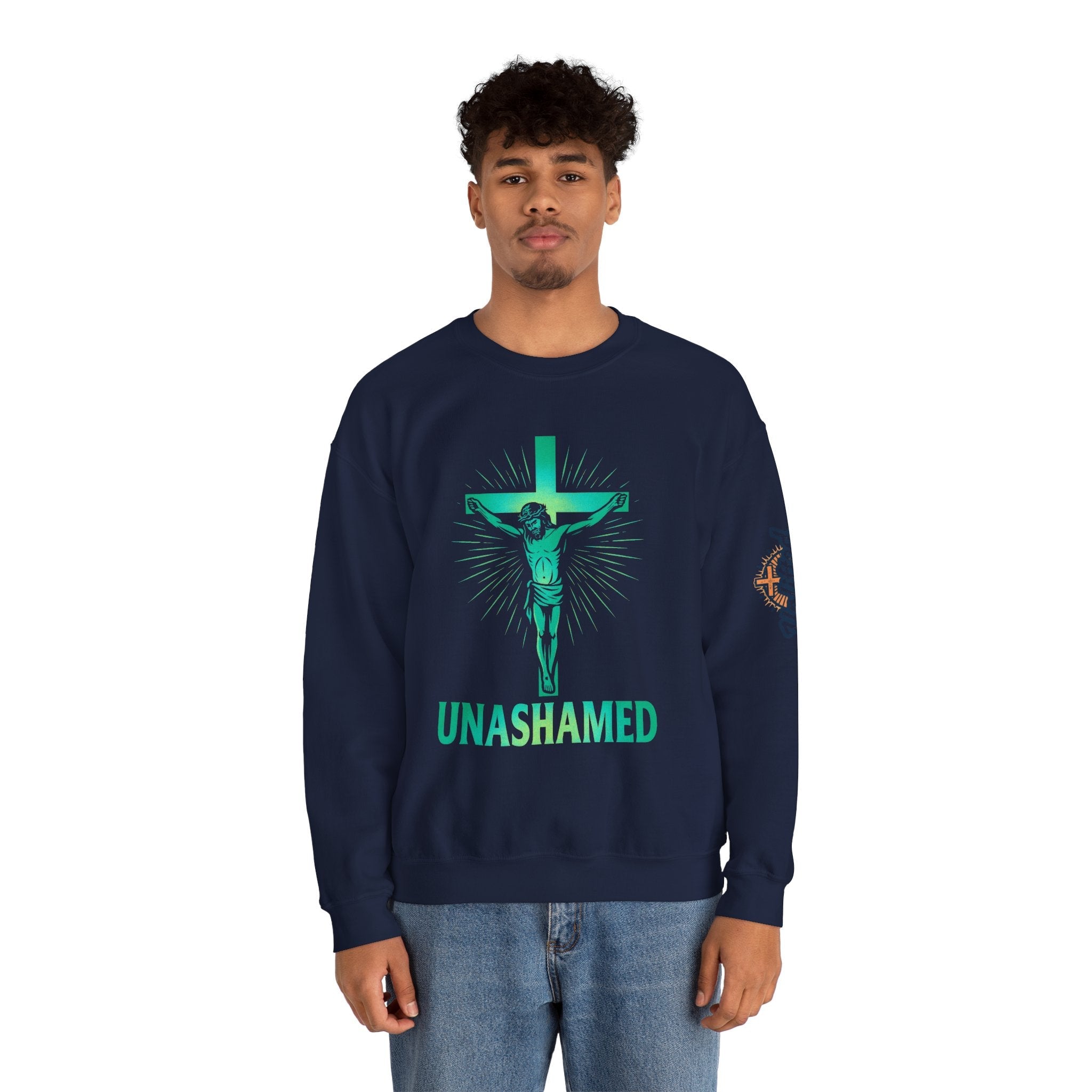 Unashamed Sweatshirt – Romans 1:16 Crucifixion Christian Sweatshirt for Bold Unwavering Faith Printify