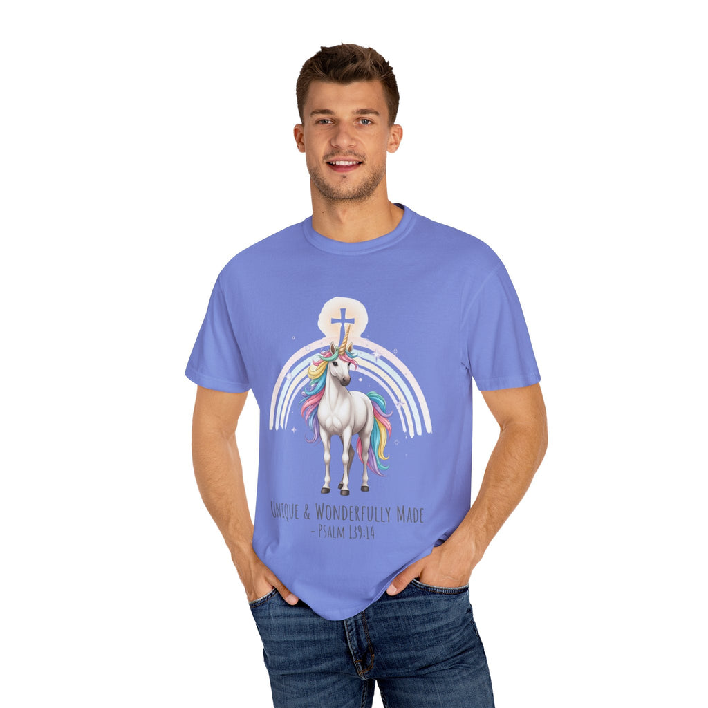Unique Unicorn Christian T-Shirt – Wonderfully Made with Rainbow Cross & Psalm 139:14 Printify